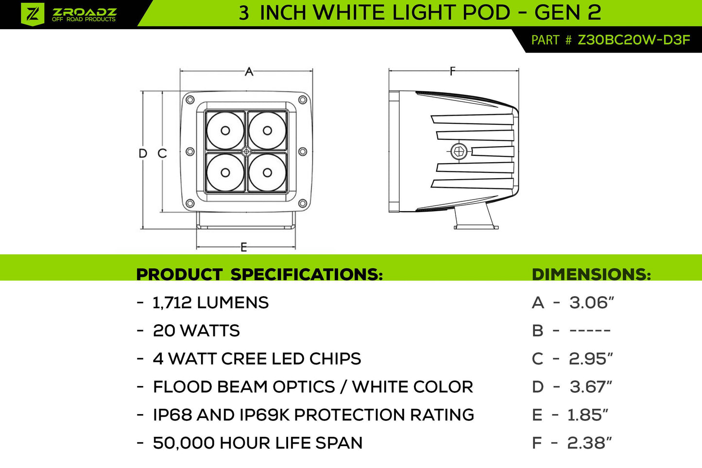 ZROADZ Z30BC20W-D3F-2 Black Cast Aluminum/Polucarbonate Lens Pod Light Light Set