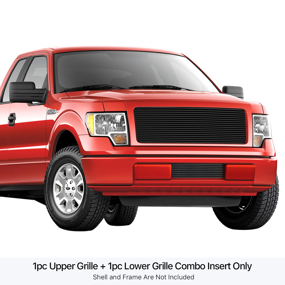 APS GR06HFF14J Main Upper & Lower Bumper Black Stainless Steel Billet Grille Fits 2009-2014 Ford F-150