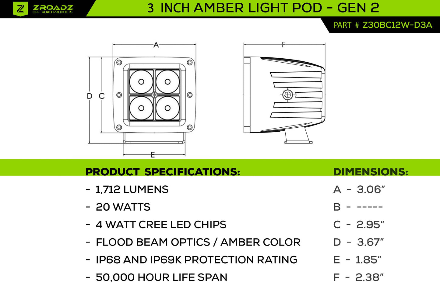 ZROADZ Z30BC12W-D3A Black Cast Aluminum/Polucarbonate Lens Pod Light Pod Light