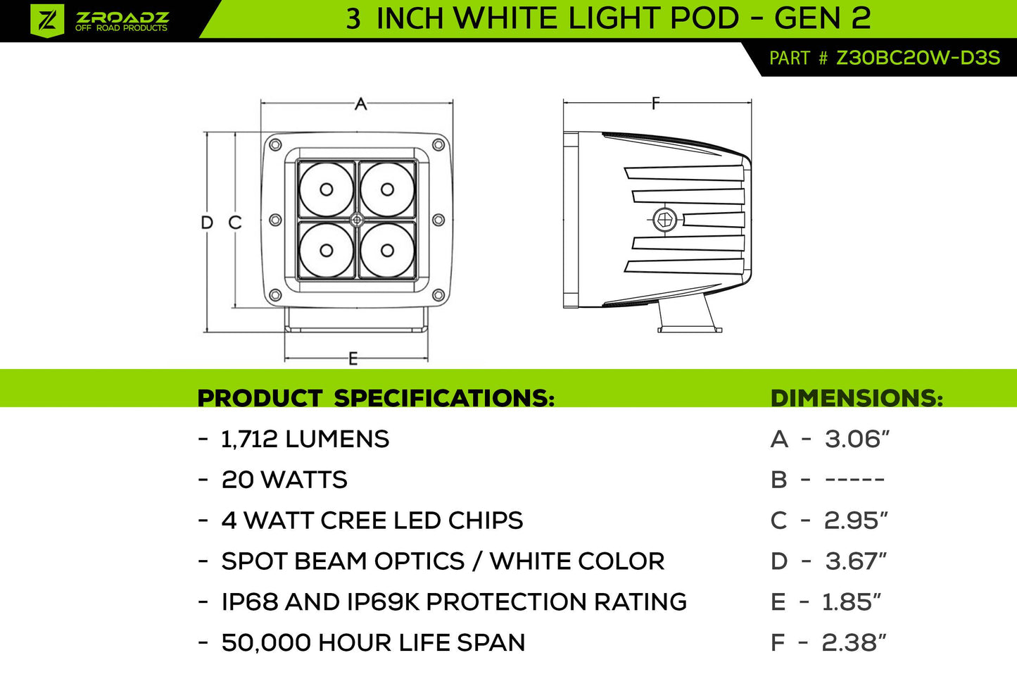 ZROADZ Z30BC20W-D3S Black Cast Aluminum/Polucarbonate Lens Pod Light Pod Light