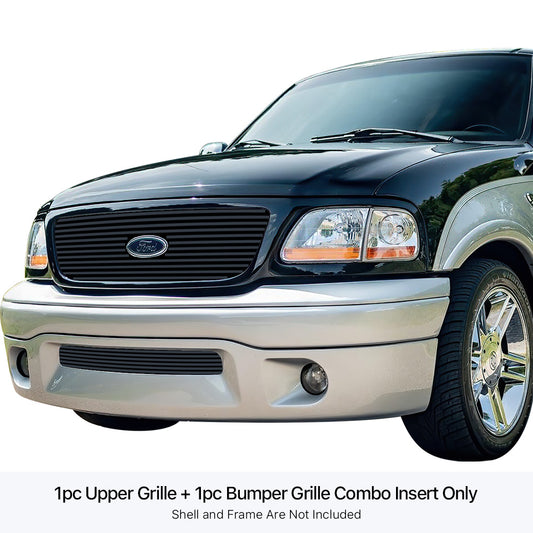 APS GR06FGF56J Main Upper&Lower Bumper Black Stainless Steel Billet Grille Fits 2001-2003 Ford F-150