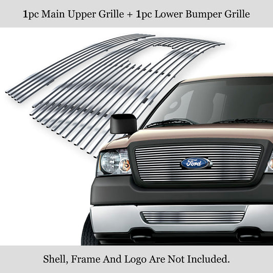 APS GR06FGH58S Main Upper & Lower Bumper Stainless Steel Billet Grille Fits 2006-2008 Ford F-150