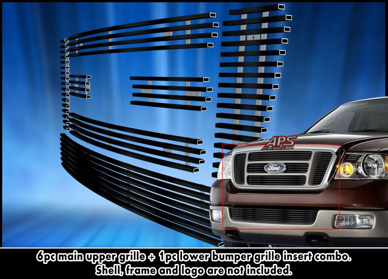 APS GR06FGI95J Main Upper & Lower Bumper Black Stainless Steel Billet Grille Fits 2004-2008 Ford F-150