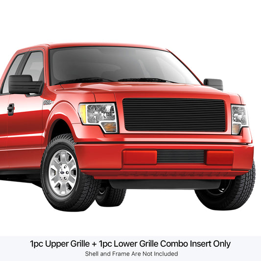 APS GR06HFF14J Main Upper & Lower Bumper Black Stainless Steel Billet Grille Fits 2009-2014 Ford F-150