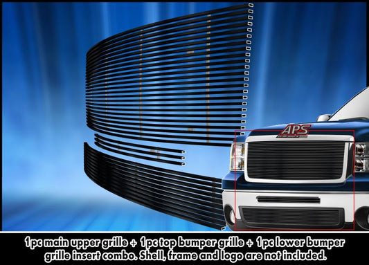 APS GR07FGG43J Main Upper & Top Bumper & Lower Bumper Black Stainless Steel Billet Grille Fits 2007-2013 GMC Sierra 1500