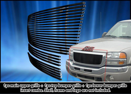 APS GR07FGG96J Main Upper & Top Bumper & Lowe Black Stainless Steel Billet Grille Fits 2003-2006 GMC Sierra 1500