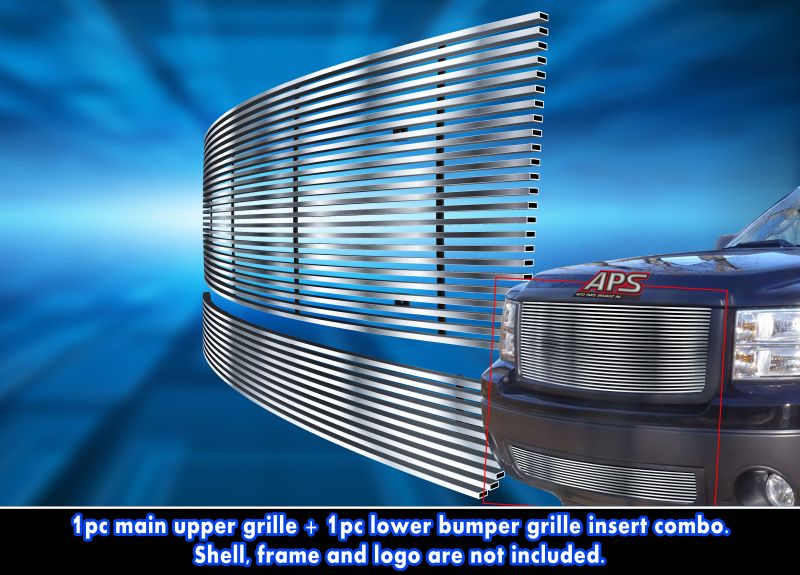 APS GR07FGH60C Main Upper & Lower Bumper Stainless Steel Billet Grille Fits 2007-2013 GMC Sierra 1500