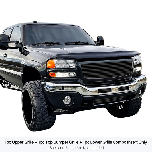 APS GR07HGI78J Main Upper & Top Bumper & Lower Bumper Black Stainless Steel Billet Grille Fits 2003-2006 GMC Sierra 1500