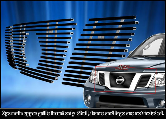 APS GR14FFD32J Main Upper Black Stainless Steel Billet Grille Fits 2005-2008 Nissan Frontier