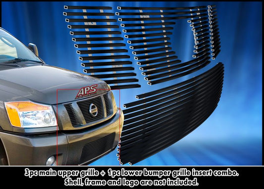 APS GR14FGH14J Main Upper & Lower Bumper Black Stainless Steel Billet Grille Fits 2008-2015 Nissan Titan