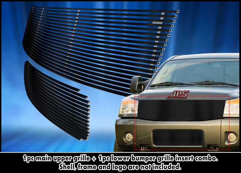 APS GR14HGH16J Main Upper & Lower Bumper Black Stainless Steel Billet Grille Fits 2004-2007 Nissan Armada