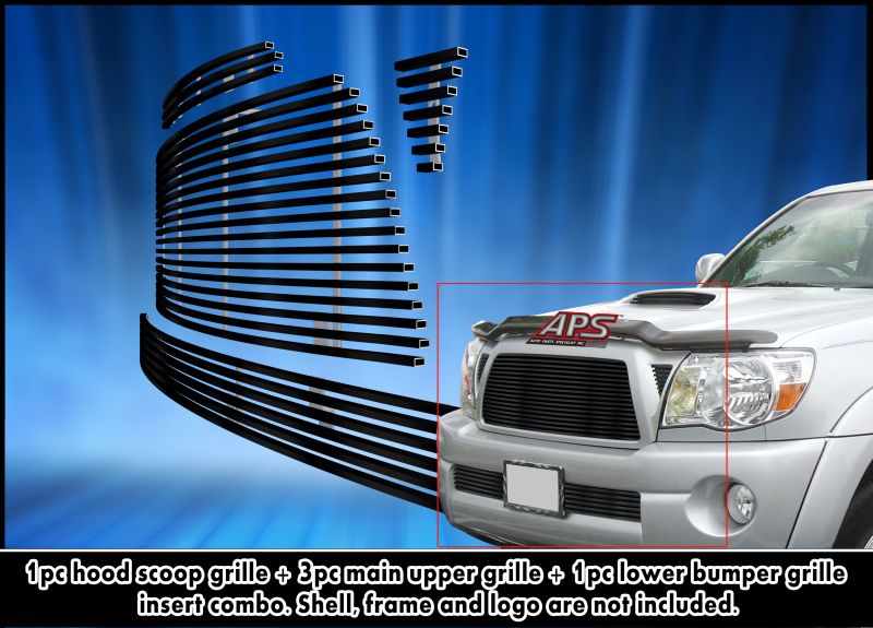 APS GR20HGG42J Main Upper & Lower Bumper & Hood Scoop Black Stainless Steel Billet Grille Fits 2005-2010 Toyota Tacoma