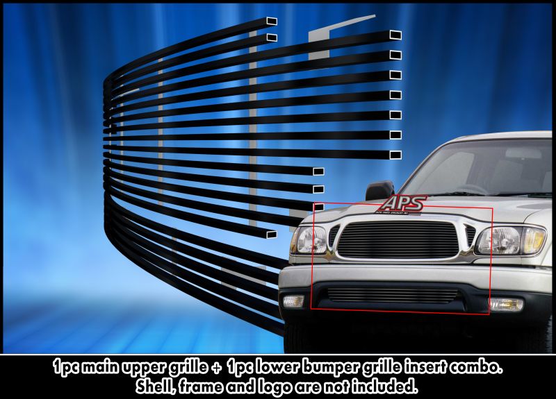 APS GR20HGG72J Main Upper & Lower Bumper Black Stainless Steel Billet Grille Fits 2001-2004 Toyota Tacoma